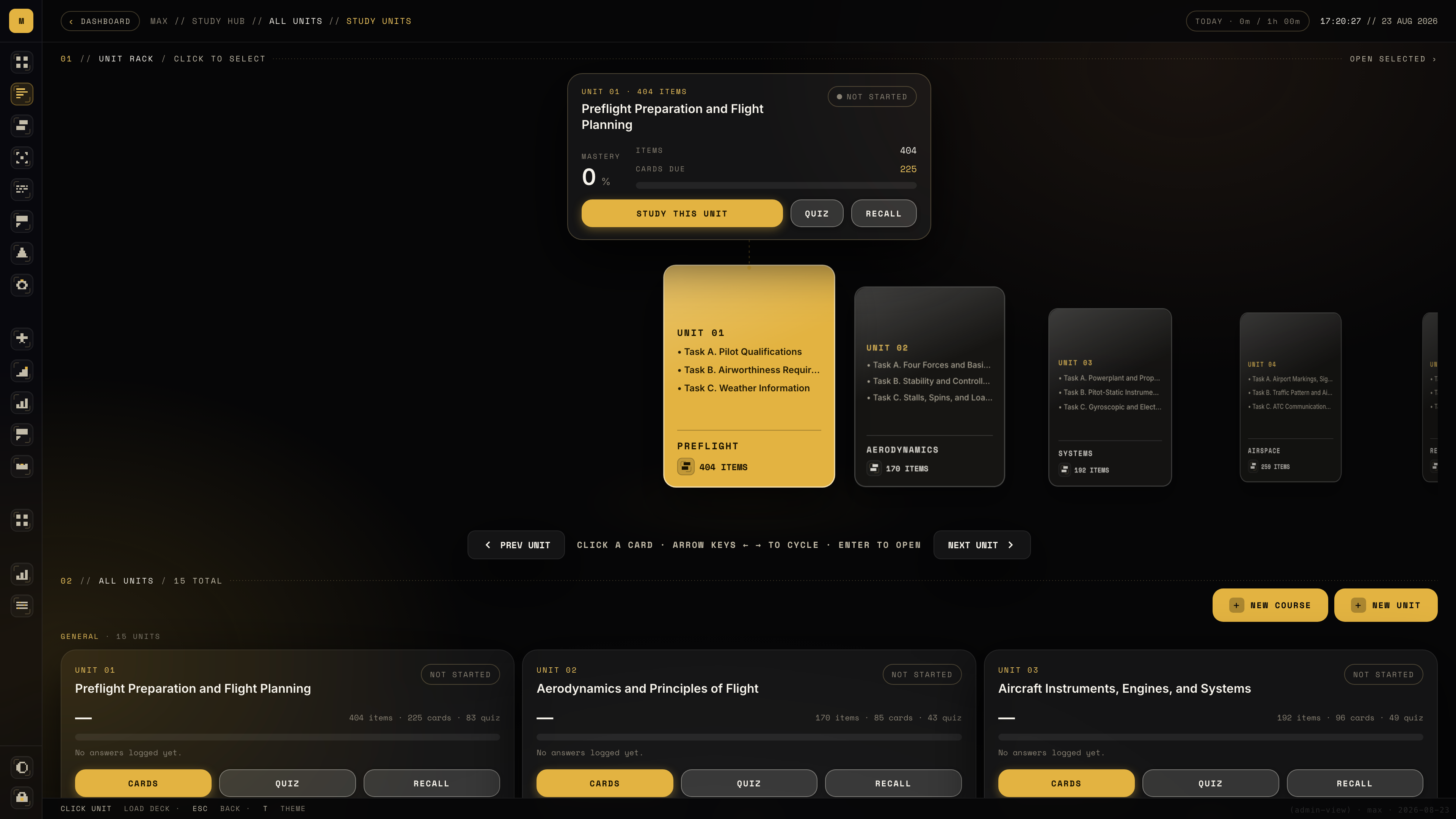 Study units view of the Study Hub dashboard